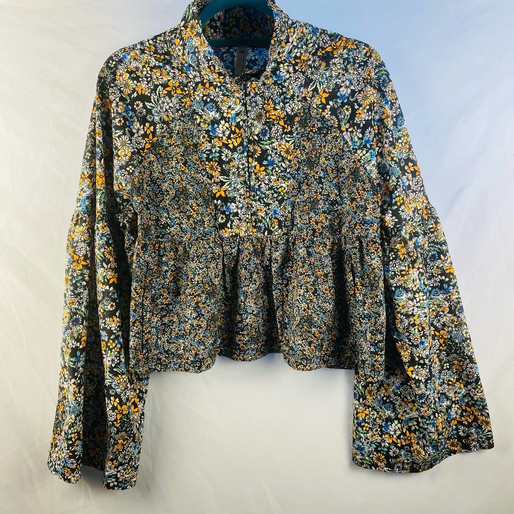 Free People Floral Half-zip with Bell Sleeves